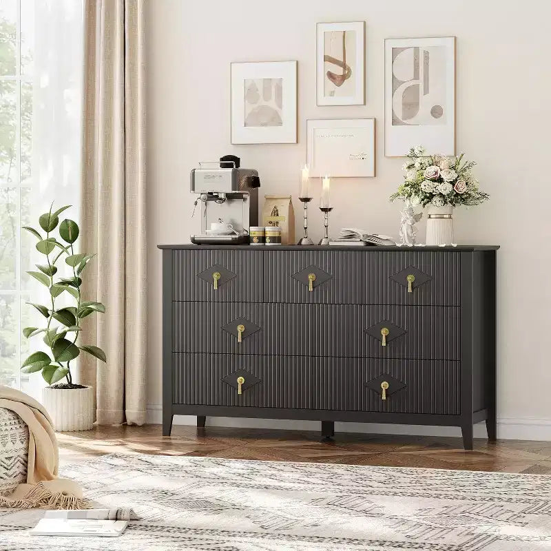 Commode à 7 tiroirs cannelés, meuble de rangement large avec tiroirs profonds et kit anti-basculement