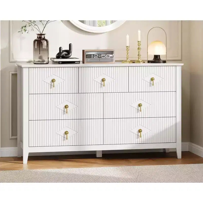 Commode à 7 tiroirs cannelés, meuble de rangement large avec tiroirs profonds et kit anti-basculement