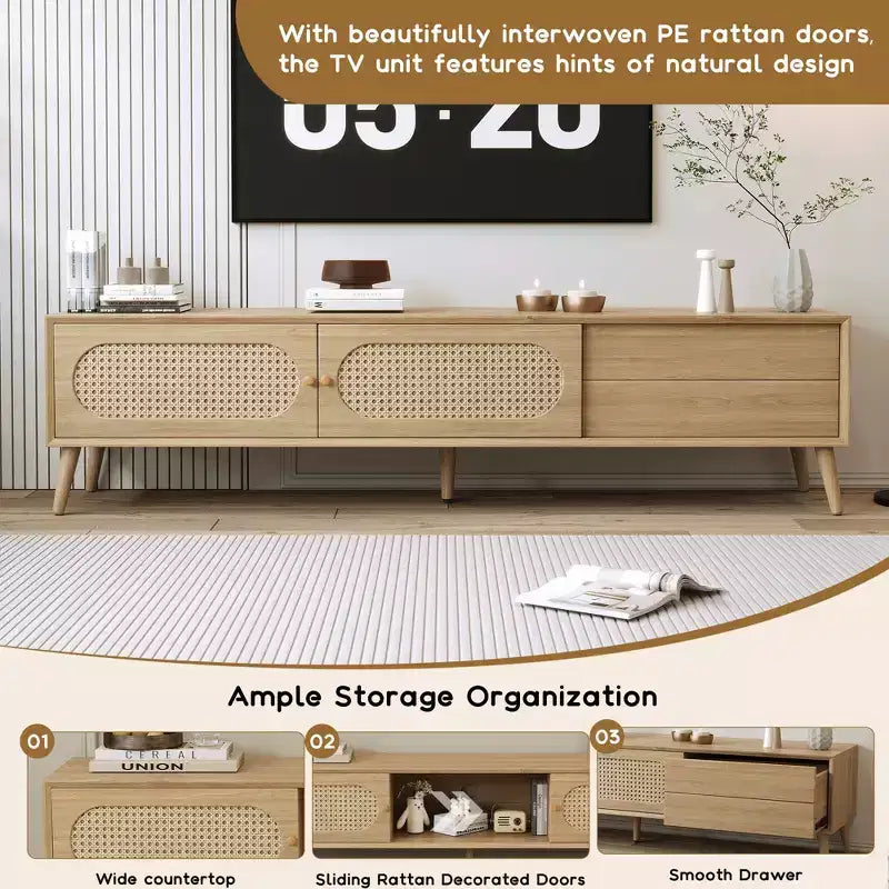 Meuble TV naturel de 180 cm pour téléviseurs jusqu'à 80 pouces, console multimédia avec pieds en bois massif pour salon et home cinéma