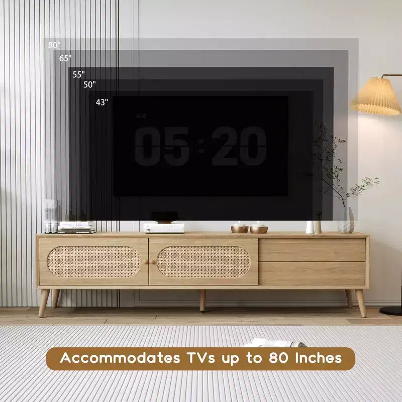 Meuble TV naturel de 180 cm pour téléviseurs jusqu'à 80 pouces, console multimédia avec pieds en bois massif pour salon et home cinéma