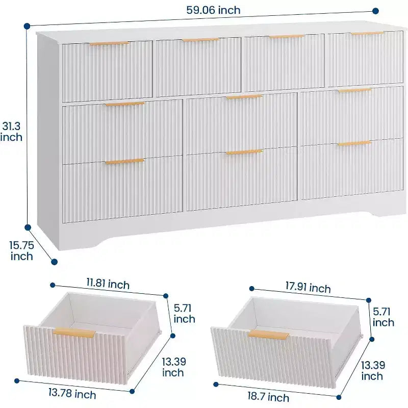 Commode cannelée à 10 tiroirs avec poignées dorées, organisateur de rangement long et moderne, rangement élégant pour chambre à coucher, salon, entrée