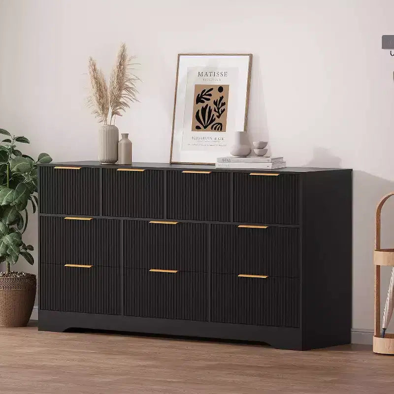 Commode cannelée à 10 tiroirs avec poignées dorées, organisateur de rangement long et moderne, rangement élégant pour chambre à coucher, salon, entrée