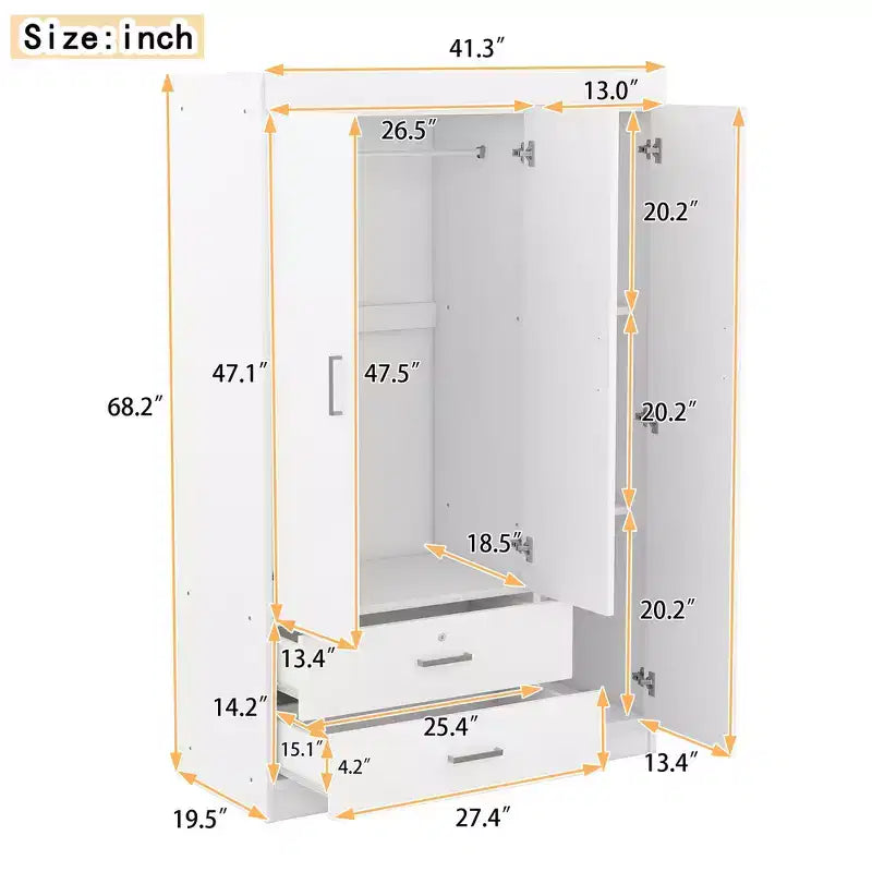 Armoire penderie en bois à 3 portes avec miroir, 2 tiroirs, étagères de rangement et tringle à vêtements