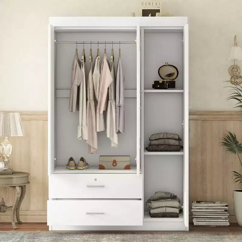 Armoire penderie en bois à 3 portes avec miroir, 2 tiroirs, étagères de rangement et tringle à vêtements