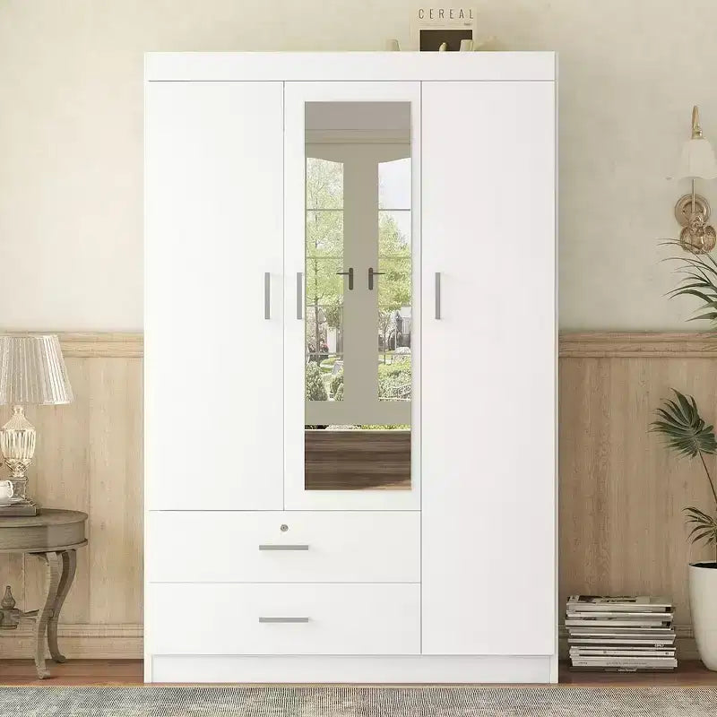 Armoire penderie en bois à 3 portes avec miroir, 2 tiroirs, étagères de rangement et tringle à vêtements