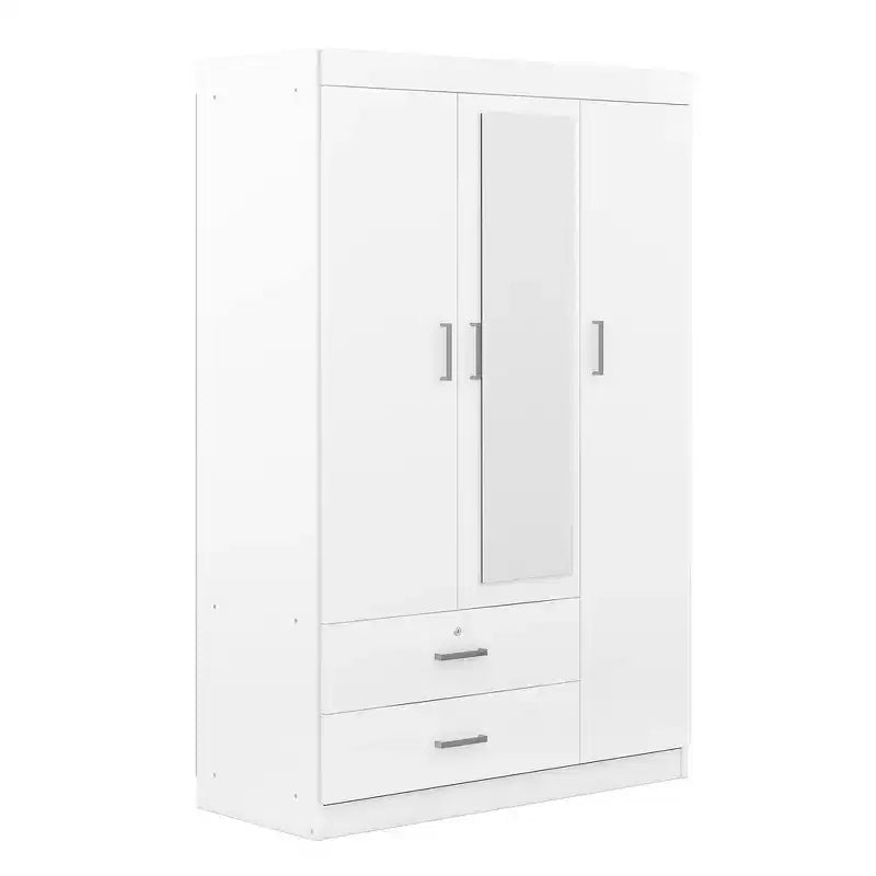 Armoire penderie en bois à 3 portes avec miroir, 2 tiroirs, étagères de rangement et tringle à vêtements