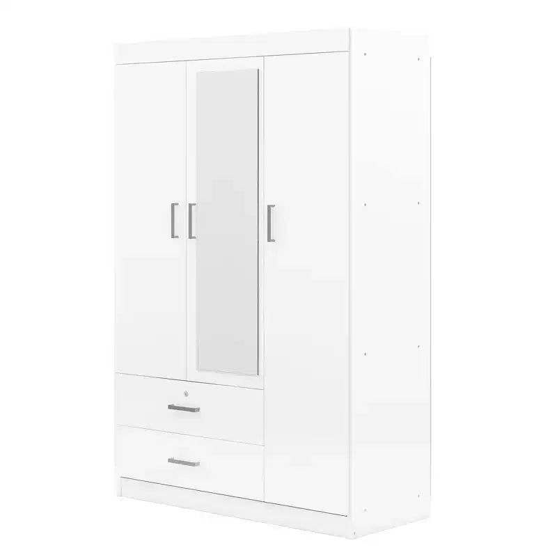 Armoire penderie en bois à 3 portes avec miroir, 2 tiroirs, étagères de rangement et tringle à vêtements