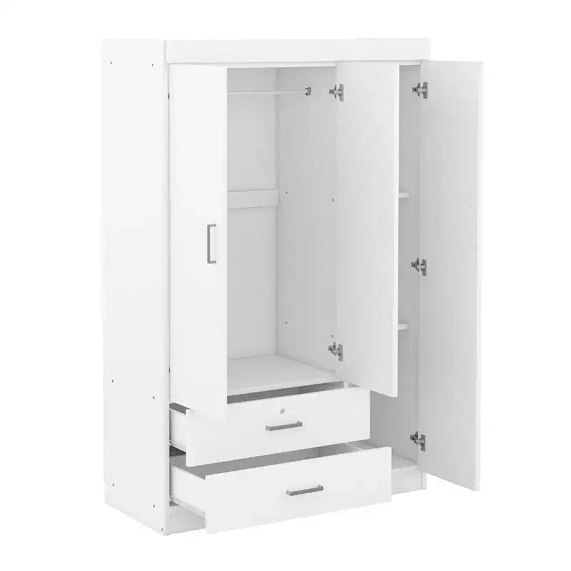 Armoire penderie en bois à 3 portes avec miroir, 2 tiroirs, étagères de rangement et tringle à vêtements