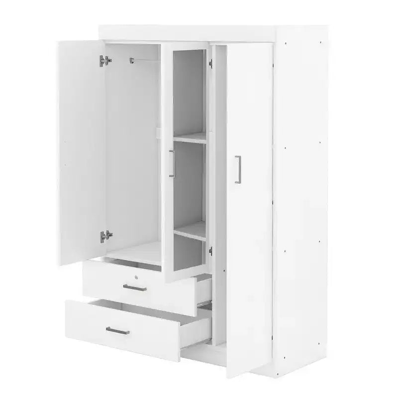 Armoire penderie en bois à 3 portes avec miroir, 2 tiroirs, étagères de rangement et tringle à vêtements