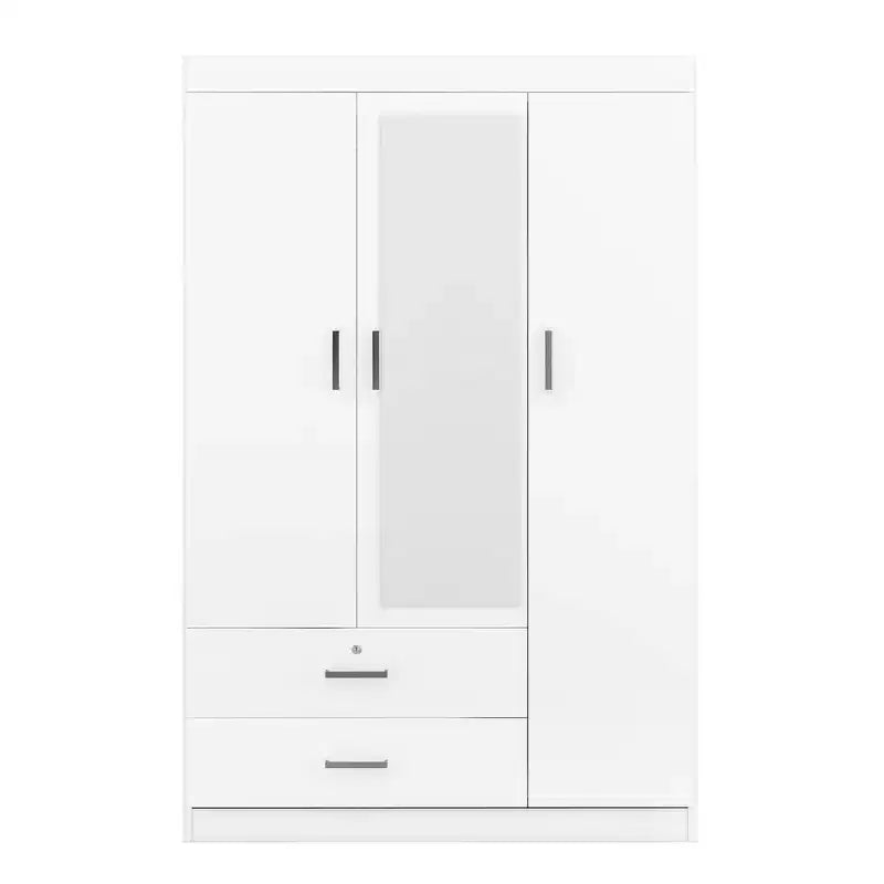 Armoire penderie en bois à 3 portes avec miroir, 2 tiroirs, étagères de rangement et tringle à vêtements