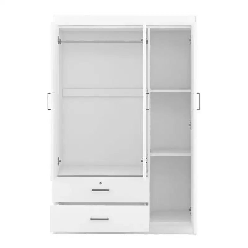 Armoire penderie en bois à 3 portes avec miroir, 2 tiroirs, étagères de rangement et tringle à vêtements