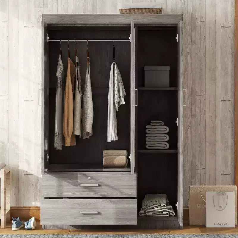 Armoire penderie en bois à 3 portes avec miroir, 2 tiroirs, étagères de rangement et tringle à vêtements