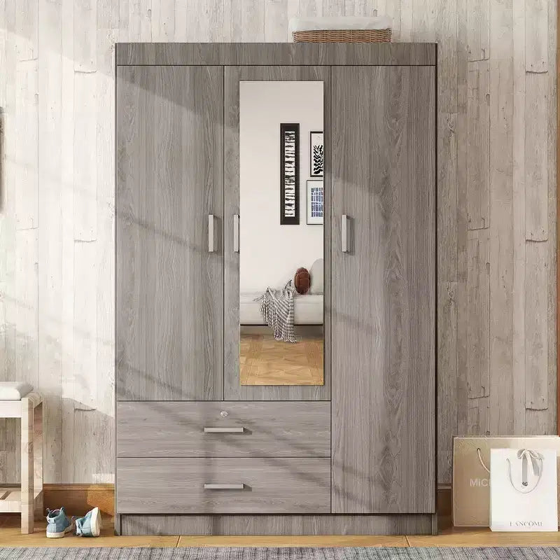 Armoire penderie en bois à 3 portes avec miroir, 2 tiroirs, étagères de rangement et tringle à vêtements