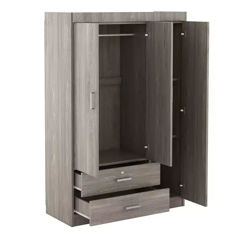 Armoire penderie en bois à 3 portes avec miroir, 2 tiroirs, étagères de rangement et tringle à vêtements