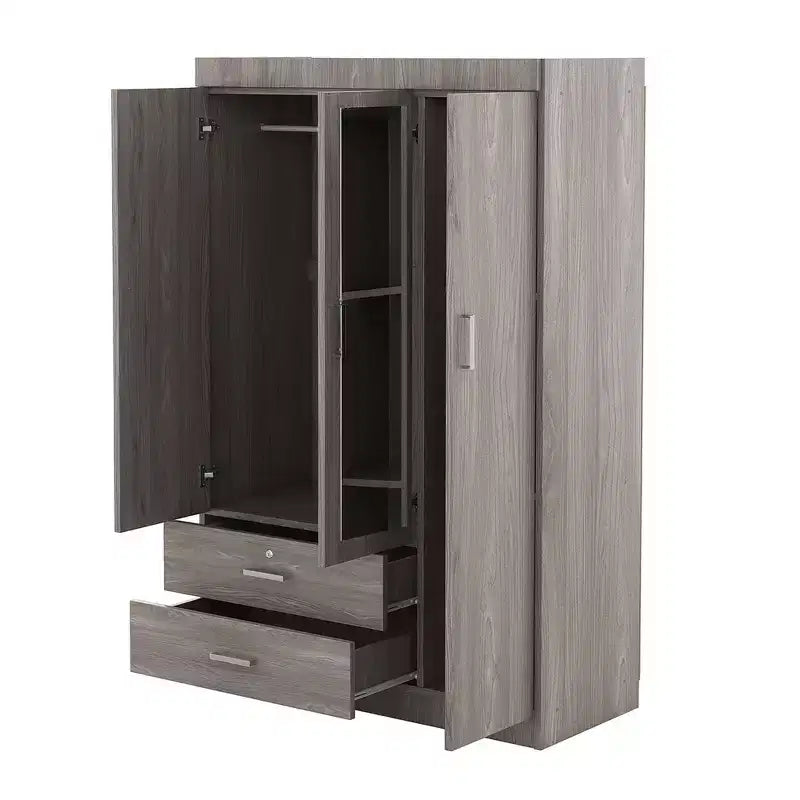 Armoire penderie en bois à 3 portes avec miroir, 2 tiroirs, étagères de rangement et tringle à vêtements