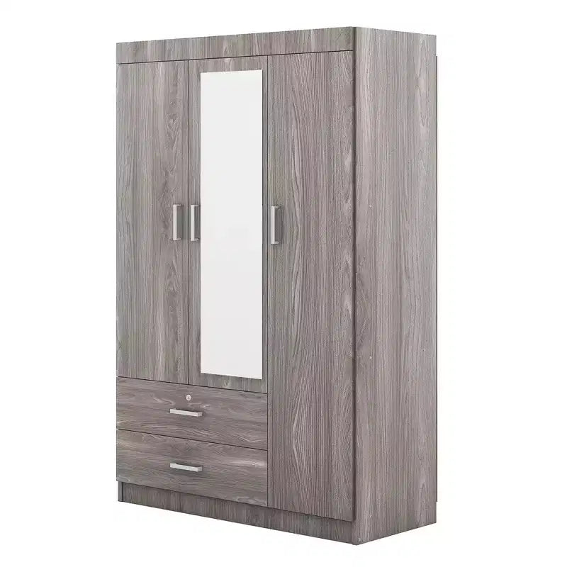 Armoire penderie en bois à 3 portes avec miroir, 2 tiroirs, étagères de rangement et tringle à vêtements