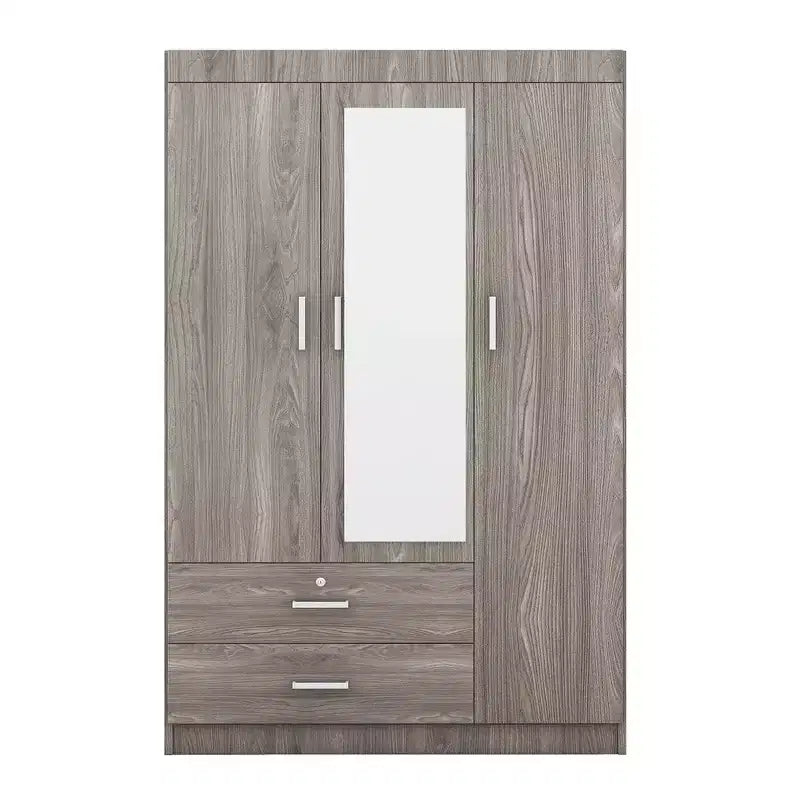 Armoire penderie en bois à 3 portes avec miroir, 2 tiroirs, étagères de rangement et tringle à vêtements