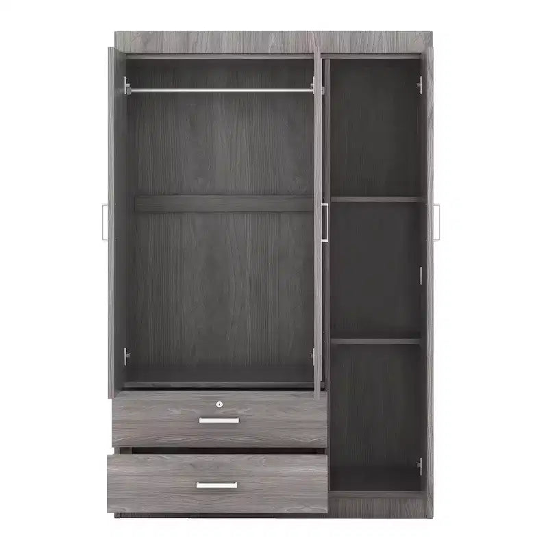Armoire penderie en bois à 3 portes avec miroir, 2 tiroirs, étagères de rangement et tringle à vêtements