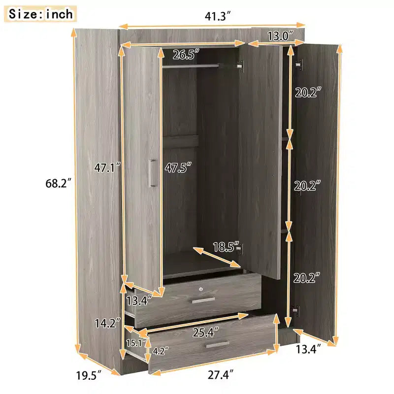 Armoire penderie en bois à 3 portes avec miroir, 2 tiroirs, étagères de rangement et tringle à vêtements