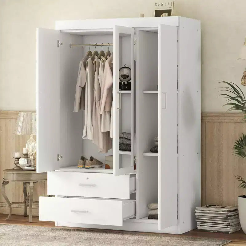 Armoire penderie en bois à 3 portes avec miroir, 2 tiroirs, étagères de rangement et tringle à vêtements