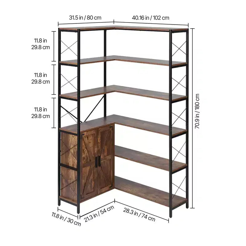 Étagère d'angle à 6 niveaux, bibliothèque d'angle de 177,8 cm avec meuble de rangement, 2 portes de grange et 10 étagères de rangement, marron
