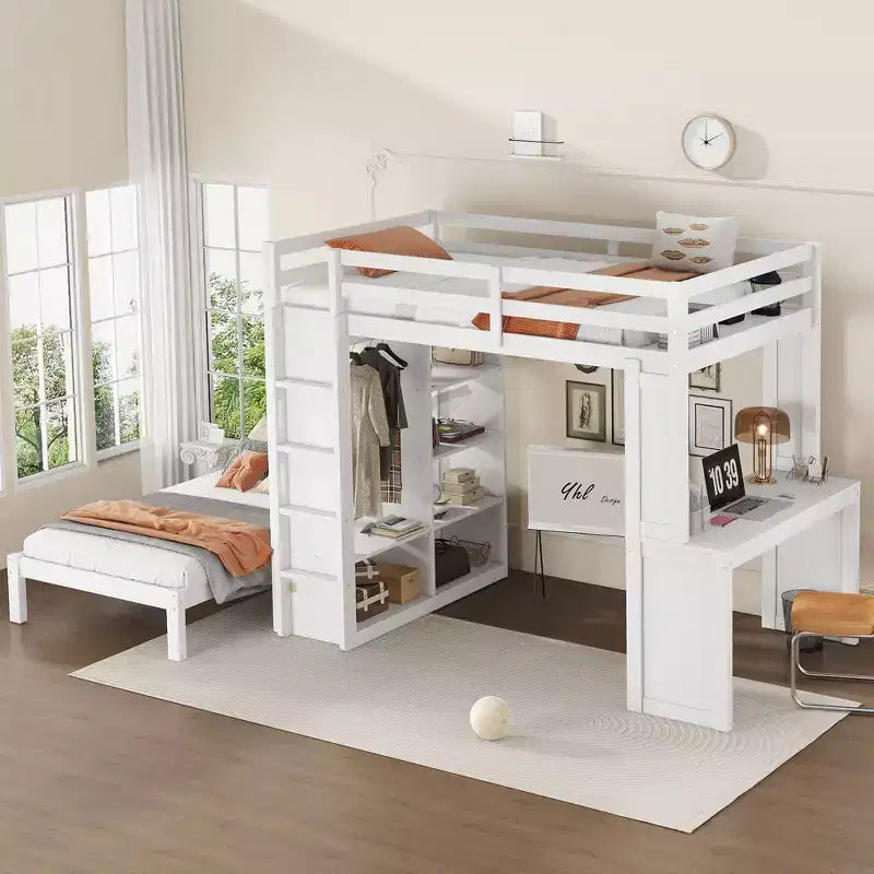 Lit superposé double XL/double sur lit jumeau avec lit inférieur détachable et bureau, structure de lits superposés en bois massif avec étagères intégrées et armoire, blanc