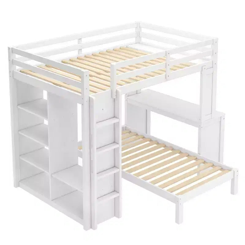 Lit superposé double XL/double sur lit jumeau avec lit inférieur détachable et bureau, structure de lits superposés en bois massif avec étagères intégrées et armoire, blanc