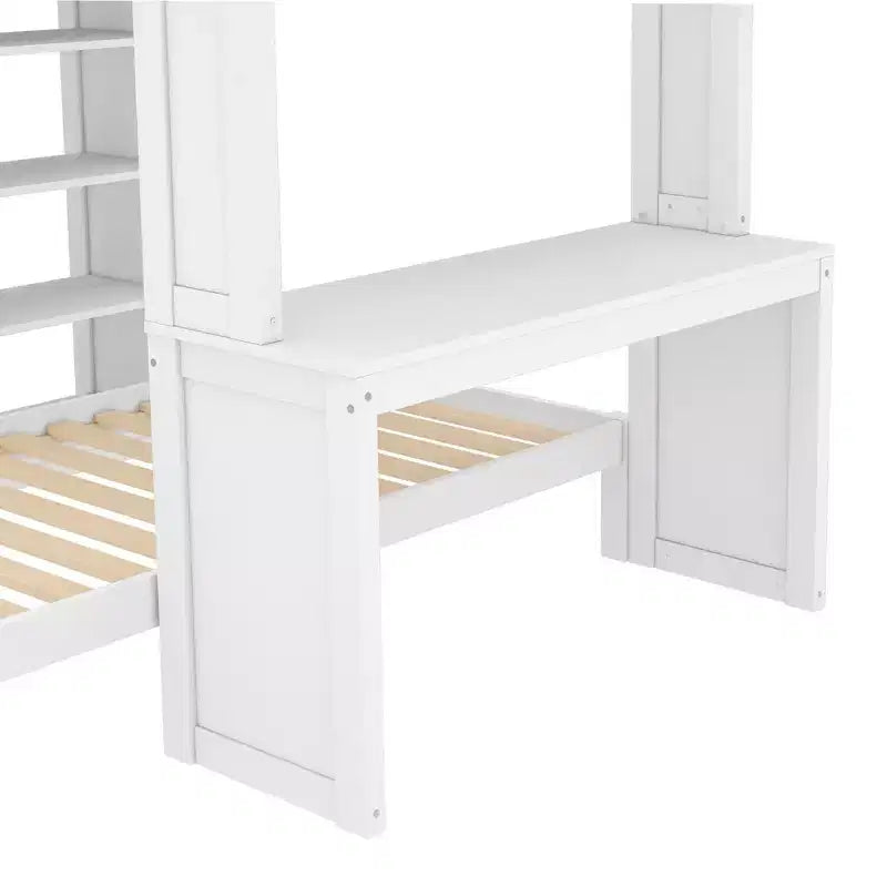 Lit superposé double XL/double sur lit jumeau avec lit inférieur détachable et bureau, structure de lits superposés en bois massif avec étagères intégrées et armoire, blanc