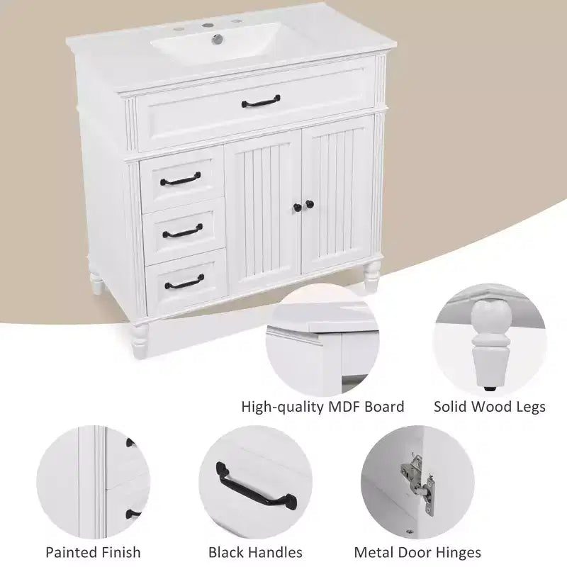Meuble-lavabo de salle de bain 36 pouces, Meuble de rangement de salle de bain avec tiroirs, Meuble-lavabo simple