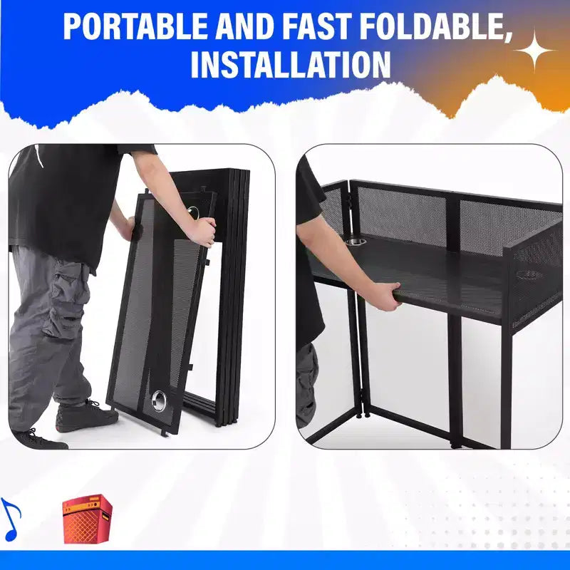 Cabine de façade de DJ portable, station de table de DJ pliable avec toile d'éclairage, cabine de stand avec pieds de façade d'événement DJ réglables pour fête, cadre en métal noir