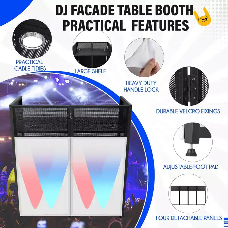 Cabine de façade de DJ portable, station de table de DJ pliable avec toile d'éclairage, cabine de stand avec pieds de façade d'événement DJ réglables pour fête, cadre en métal noir