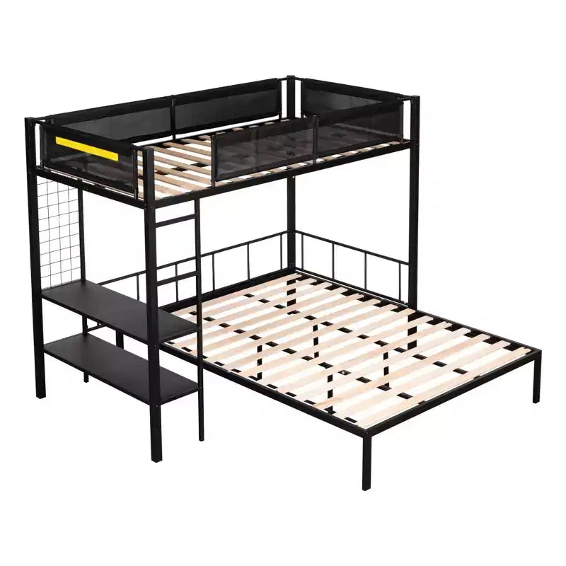 Lit superposé double sur un lit double avec panneau grillagé et étagères à 2 niveaux, lit superposé en métal avec échelle intégrée et barrière de sécurité pleine longueur, noir