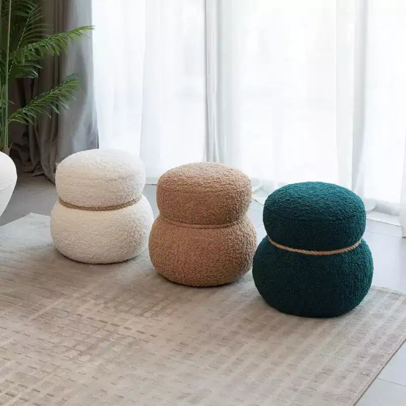 Pouf Bonhomme de Neige Rond, Mignon Tabouret Rembourré en Laine d'Agneau, Banc à Chaussures avec Cadre en Bois pour Salon, Chambre, Entrée