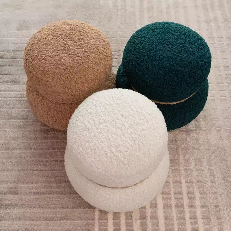 Pouf Bonhomme de Neige Rond, Mignon Tabouret Rembourré en Laine d'Agneau, Banc à Chaussures avec Cadre en Bois pour Salon, Chambre, Entrée