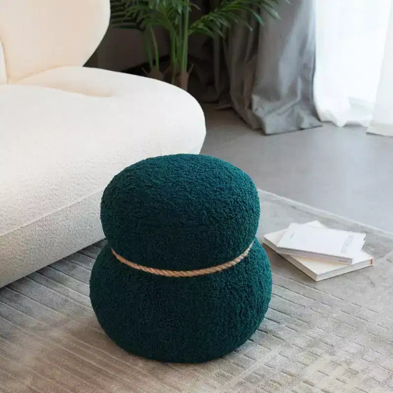 Pouf Bonhomme de Neige Rond, Mignon Tabouret Rembourré en Laine d'Agneau, Banc à Chaussures avec Cadre en Bois pour Salon, Chambre, Entrée
