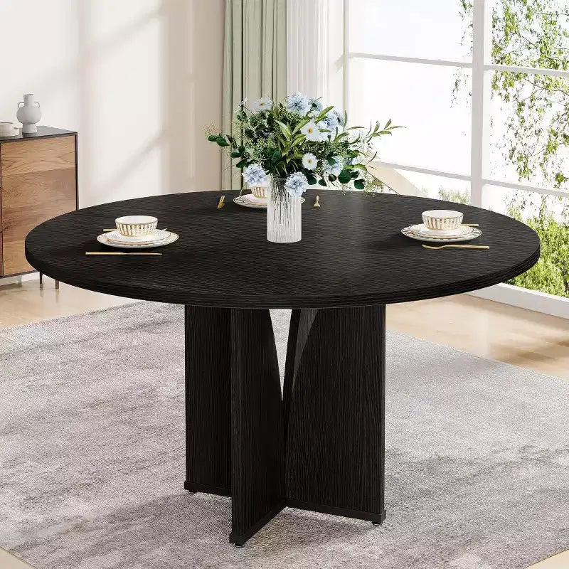 Table à manger ronde de 100 cm pour 4 personnes, table de cuisine rustique en bois finition marron pour salle à manger, salon, noir