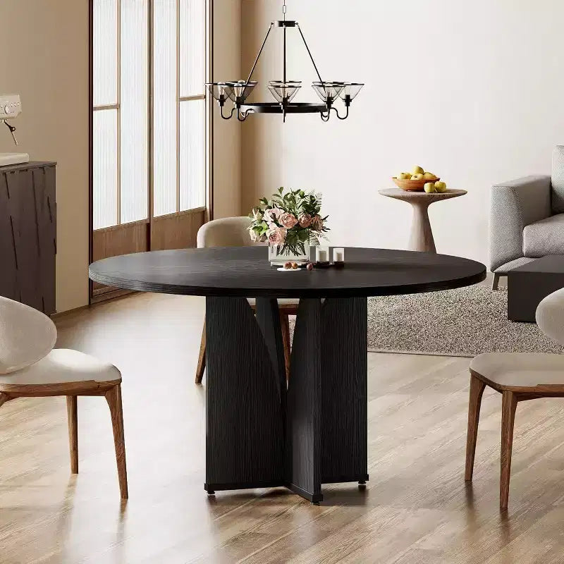 Table à manger ronde de 100 cm pour 4 personnes, table de cuisine rustique en bois finition marron pour salle à manger, salon, noir