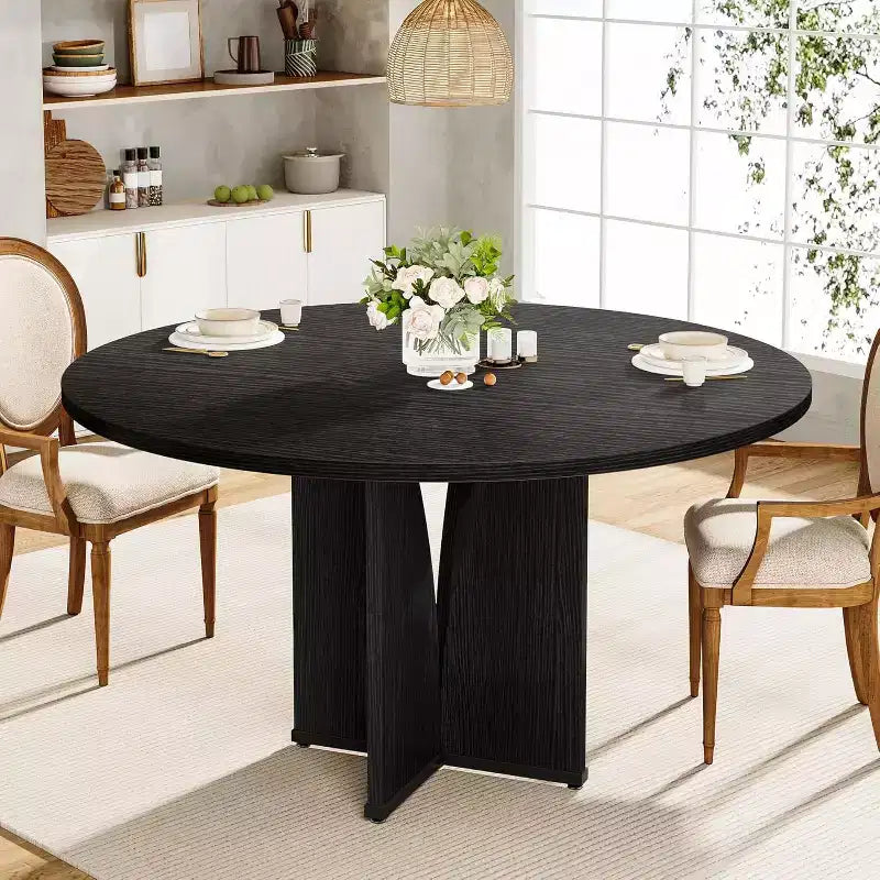 Table à manger ronde de 100 cm pour 4 personnes, table de cuisine rustique en bois finition marron pour salle à manger, salon, noir