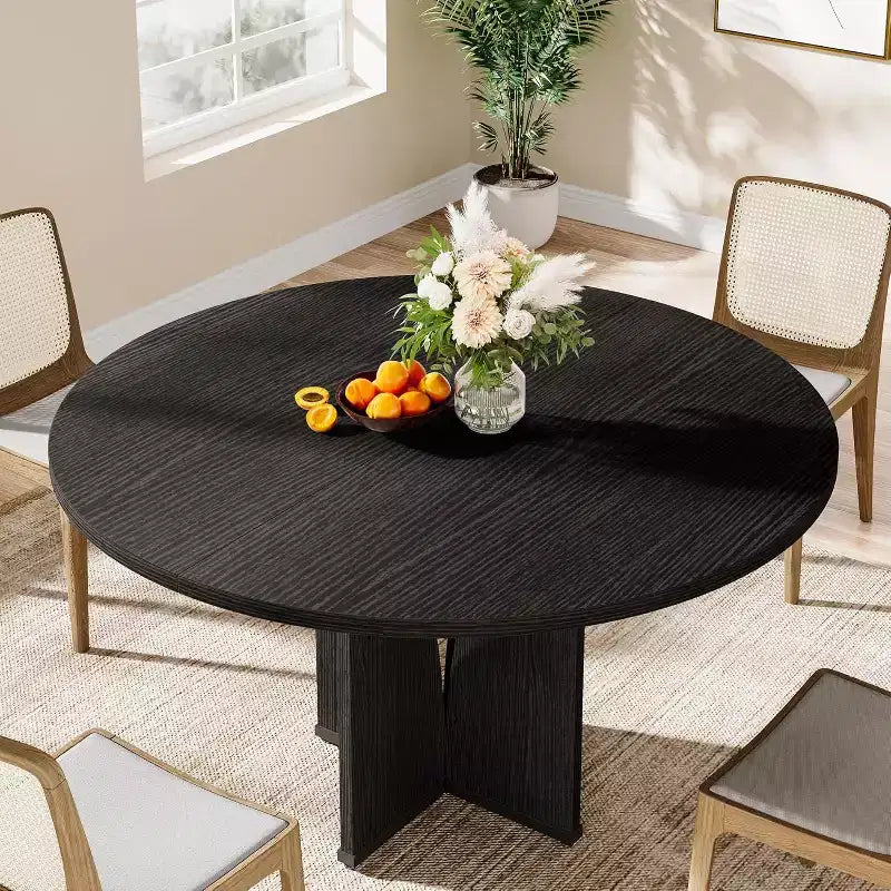 Table à manger ronde de 100 cm pour 4 personnes, table de cuisine rustique en bois finition marron pour salle à manger, salon, noir