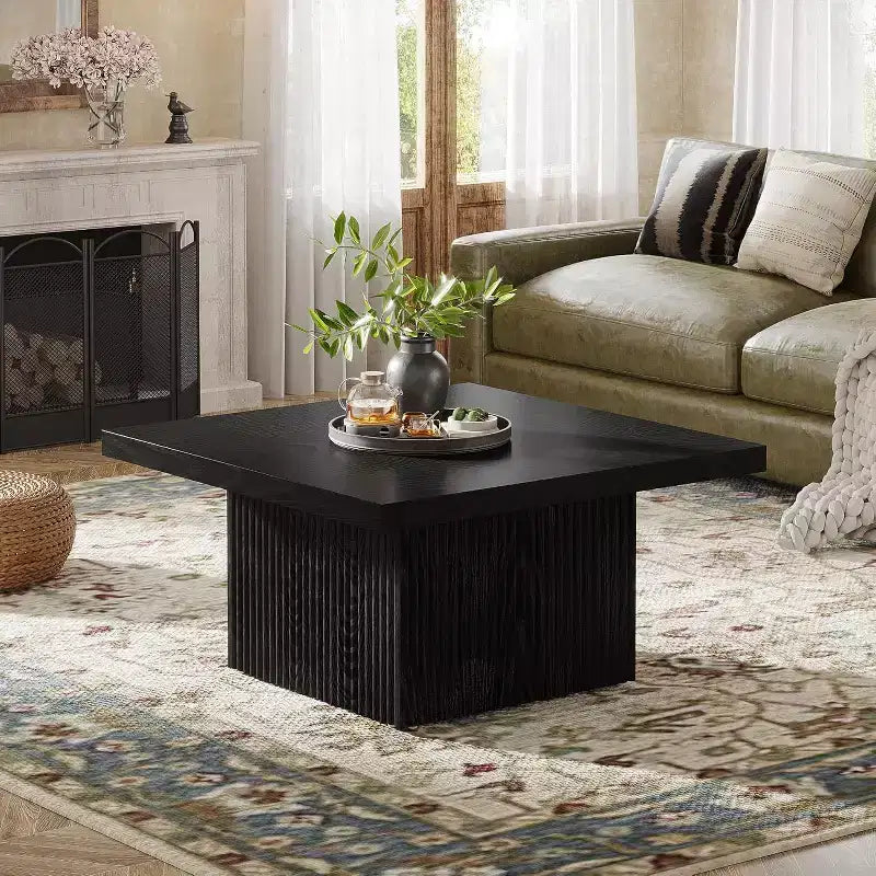Table basse carrée de 80 cm, table de cocktail cannelée moderne du milieu du siècle pour salon, montage facile, noire