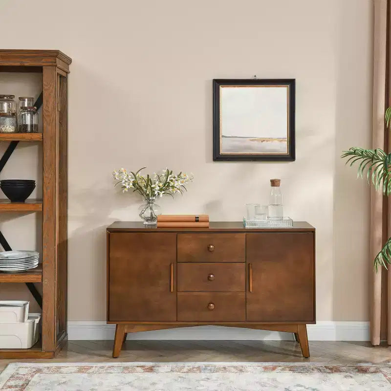 Bahut Mid-Century 47.3, Meuble de Rangement avec 2 Portes et 3 Tiroirs pour Entrée, Salon, Salle à Manger, Cuisine