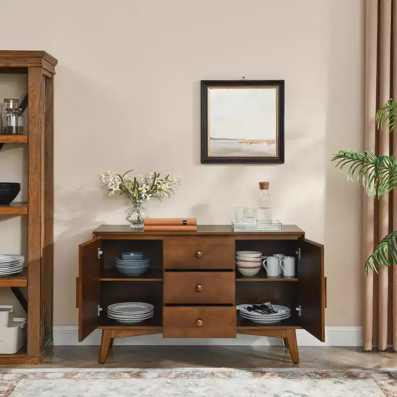 Bahut Mid-Century 47.3, Meuble de Rangement avec 2 Portes et 3 Tiroirs pour Entrée, Salon, Salle à Manger, Cuisine