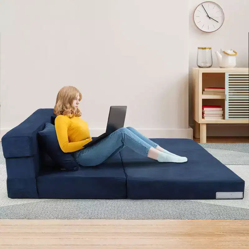 Canapé-Lit Pliant Convertible Polyvalent – Futon Paresseux 4-en-1 de Taille Double avec Oreillers, Mousse Haute Densité, Chaise Longue Pliable