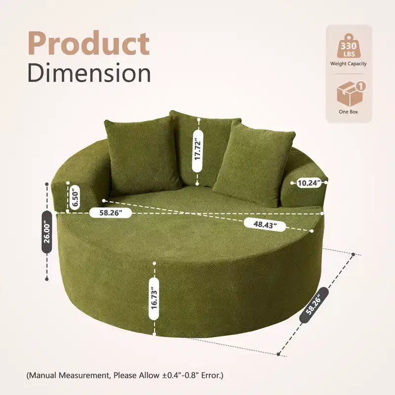 Canapé rond en peluche pour salon, tissu doux en polyester avec ressort et éponge, mobilier de salon confortable, chaise confortable circulaire de 58,26 pouces