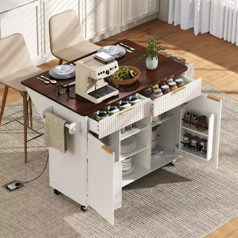 52-inch îlot de cuisine mobile de style fermette avec abattant et dessus en faux marbre, desserte de cuisine roulante avec rangement pour cuisine ou salle à manger-