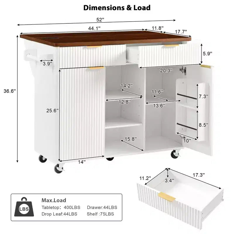 52-inch îlot de cuisine mobile de style fermette avec abattant et dessus en faux marbre, desserte de cuisine roulante avec rangement pour cuisine ou salle à manger-