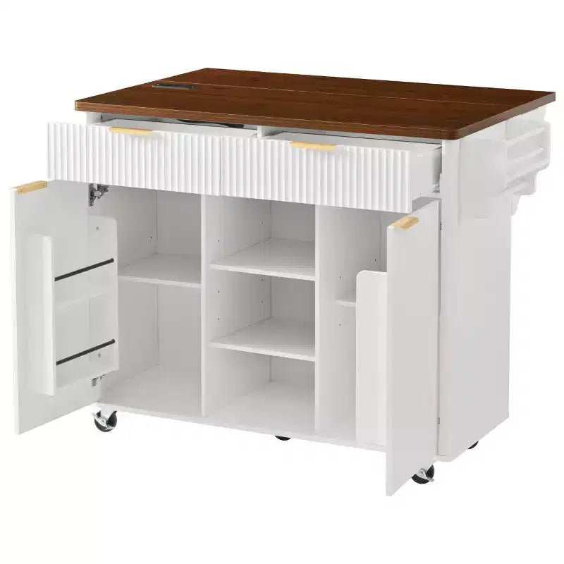 52-inch îlot de cuisine mobile de style fermette avec abattant et dessus en faux marbre, desserte de cuisine roulante avec rangement pour cuisine ou salle à manger-
