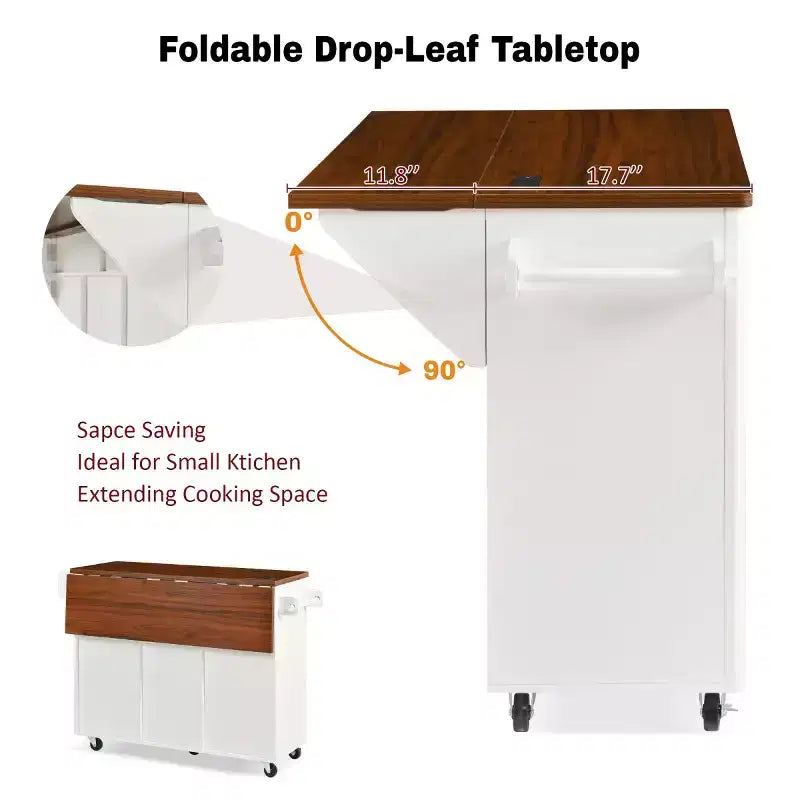 52-inch îlot de cuisine mobile de style fermette avec abattant et dessus en faux marbre, desserte de cuisine roulante avec rangement pour cuisine ou salle à manger-