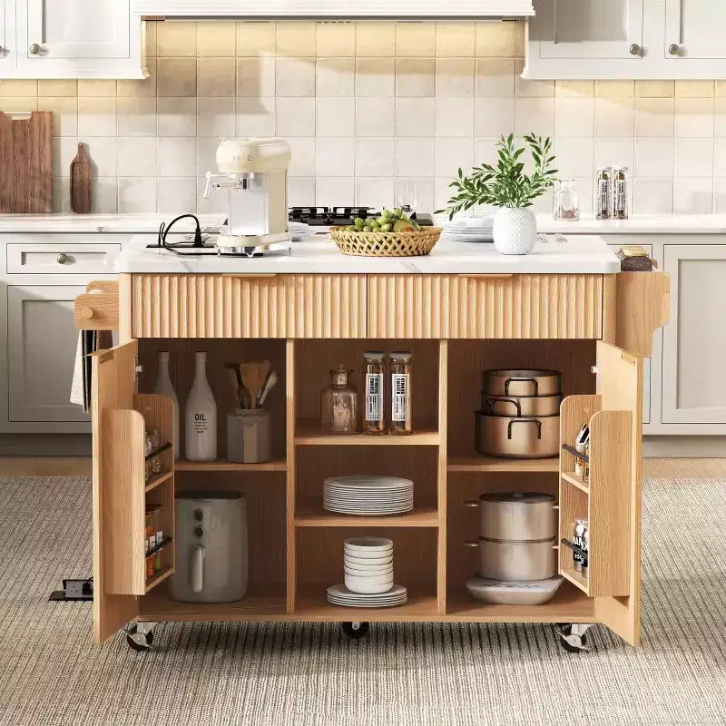 52-inch îlot de cuisine mobile de style fermette avec abattant et dessus en faux marbre, desserte de cuisine roulante avec rangement pour cuisine ou salle à manger-
