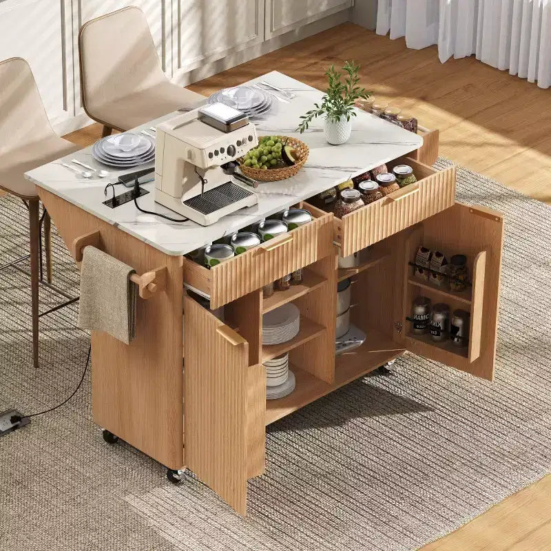 52-inch îlot de cuisine mobile de style fermette avec abattant et dessus en faux marbre, desserte de cuisine roulante avec rangement pour cuisine ou salle à manger-
